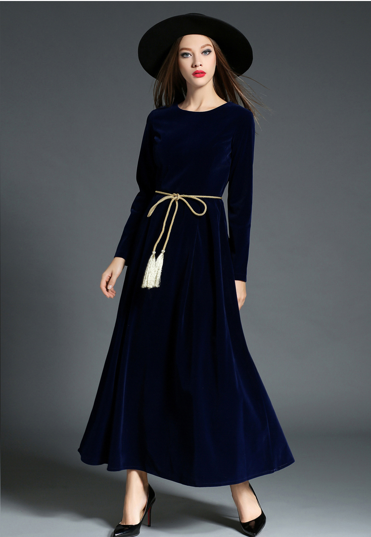 SZ60040-3 Retro Vintage Dark Blue Velvet Dress Women Long Sleeve Collar Dresses